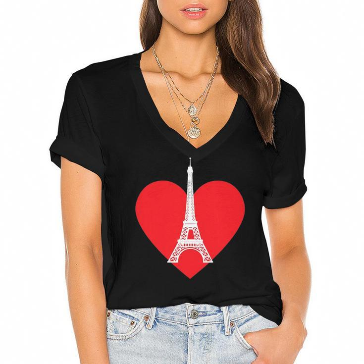 Eiffel Tower Heart For Paris Downtown France City Of Love Women's Jersey Short Sleeve Deep V-Neck Tshirt