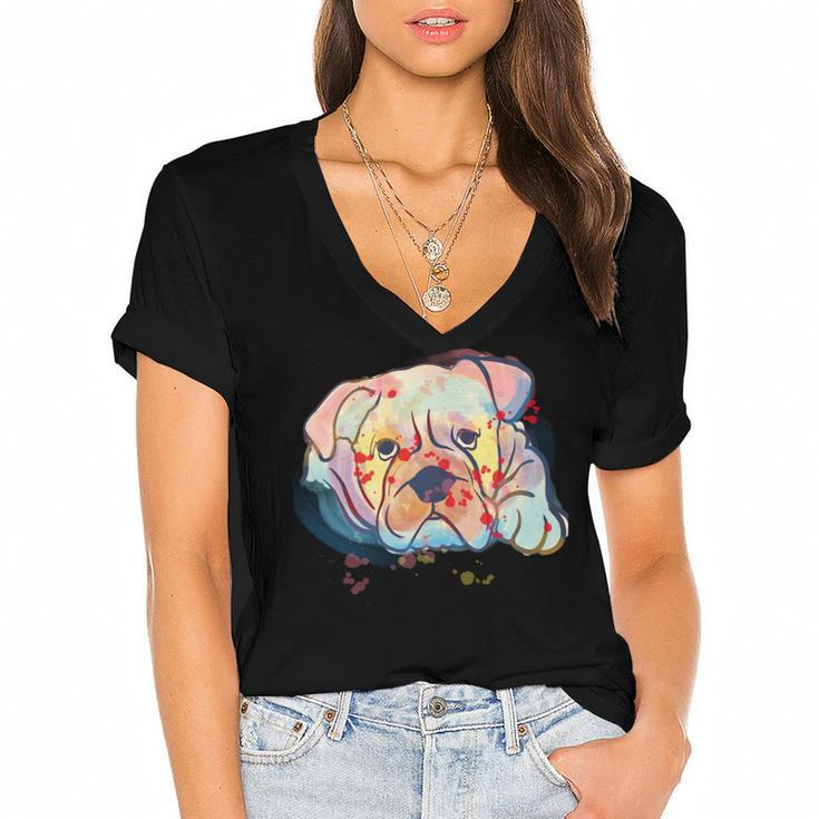 English Bulldog Abstract Watercolor Graphic Design  Women's Jersey Short Sleeve Deep V-Neck Tshirt