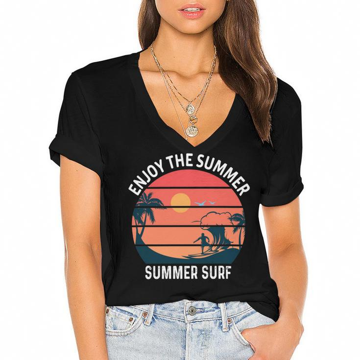 Enjoy The Summer Sunset Waves  Summer Surf Shirt Design  Women's Jersey Short Sleeve Deep V-Neck Tshirt