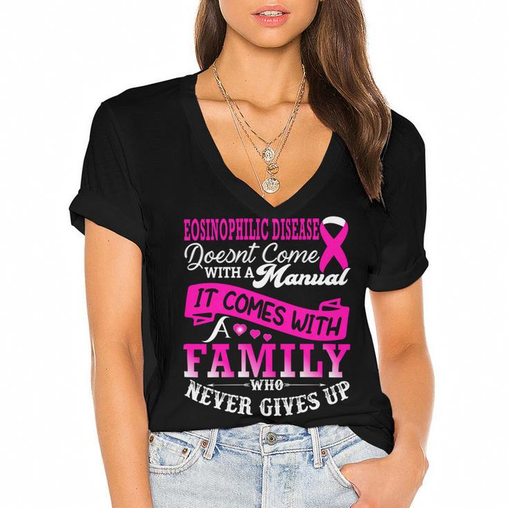 Eosinophilic Disease Doesnt Come With A Manual It Comes With A Family Who Never Gives Up  Pink Ribbon  Eosinophilic Disease  Eosinophilic Disease Awareness Women's Jersey Short Sleeve Deep V-Neck Tshirt