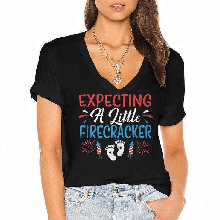 Expecting A Little Firecracker 4Th Of July Pregnancy Baby  Women's Jersey Short Sleeve Deep V-Neck Tshirt