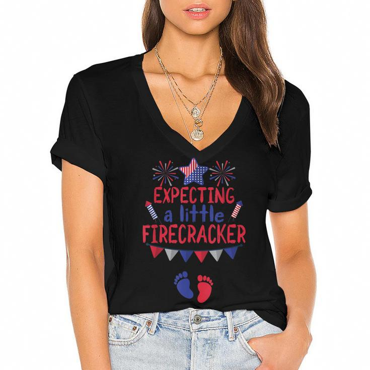 Expecting A Little Firecracker 4Th Of July Pregnancy  Women's Jersey Short Sleeve Deep V-Neck Tshirt