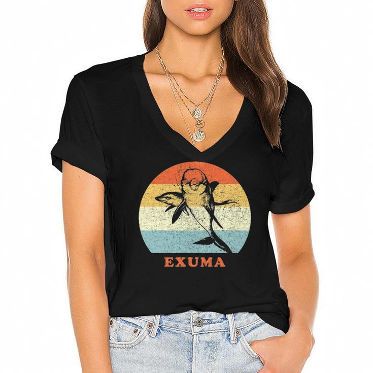 Exuma Bahamas Vintage Retro Dolphin Vacation Women's Jersey Short Sleeve Deep V-Neck Tshirt