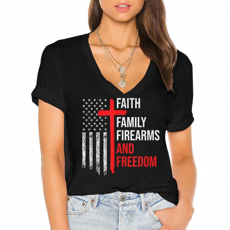 Faith Family Firearms And Freedom 4Th Of July Flag Christian  Women's Jersey Short Sleeve Deep V-Neck Tshirt