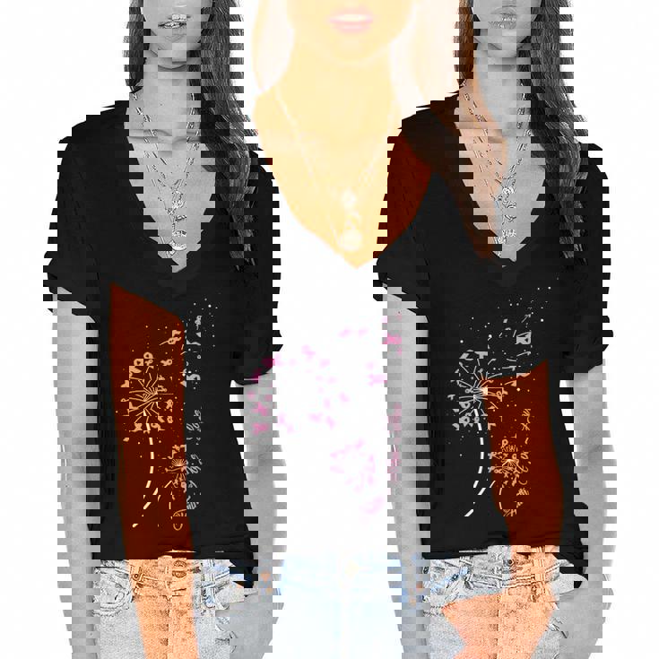 Faith Hope Love Breast Cancer Dandelion Flower Breast Cancer Women's Jersey Short Sleeve Deep V-Neck Tshirt