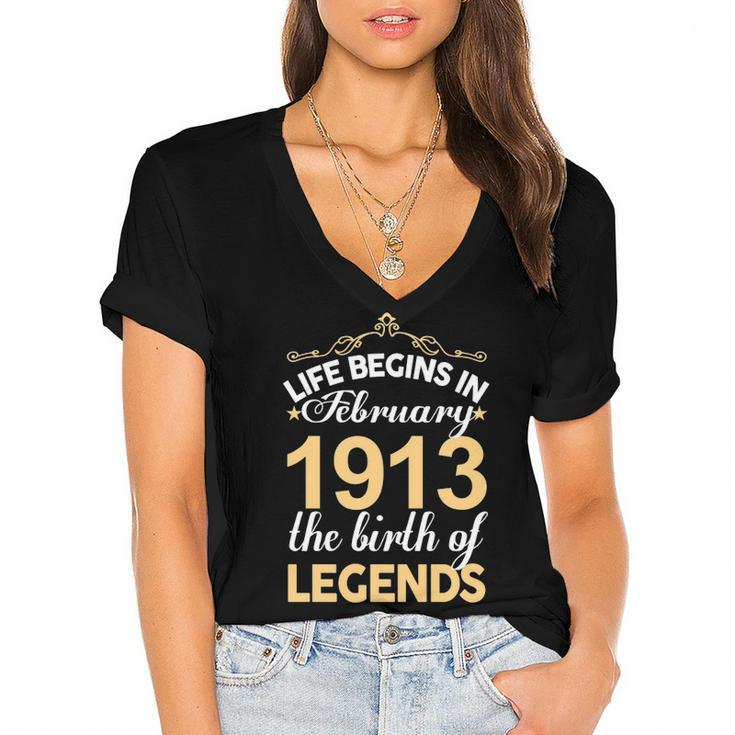February 1913 Birthday   Life Begins In February 1913 V2 Women's Jersey Short Sleeve Deep V-Neck Tshirt