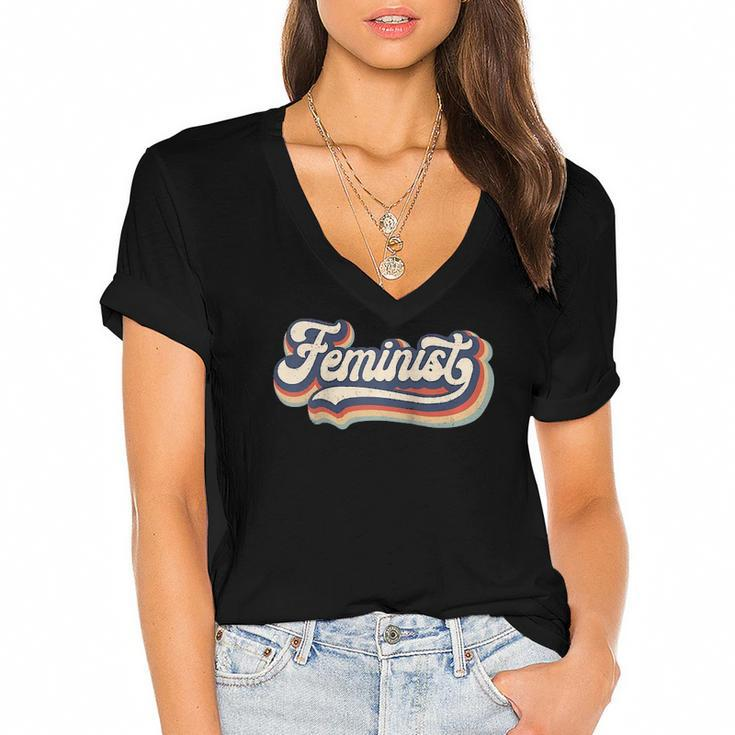 Feminist - Retro 70S Vintage Rainbow - Feminism Gift Raglan Baseball Tee Women's Jersey Short Sleeve Deep V-Neck Tshirt