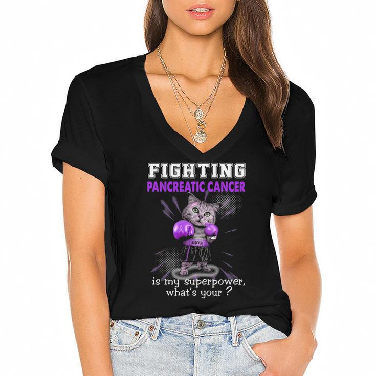Fighting Cat Pancreatic Cancer Awareness Women's Jersey Short Sleeve Deep V-Neck Tshirt