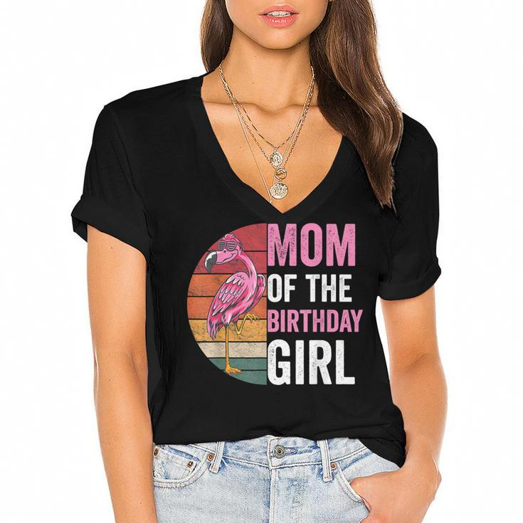 Flamingo Mom Of The Birthday Girl Matching Birthday Outfit  Women's Jersey Short Sleeve Deep V-Neck Tshirt