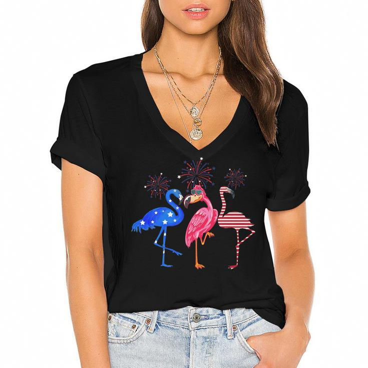 Flamingos Usa Flag 4Th Of July Independence Day Patriotic   Women's Jersey Short Sleeve Deep V-Neck Tshirt