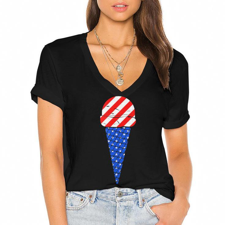 Fourth Of July American Flag Ice Cream  Women's Jersey Short Sleeve Deep V-Neck Tshirt