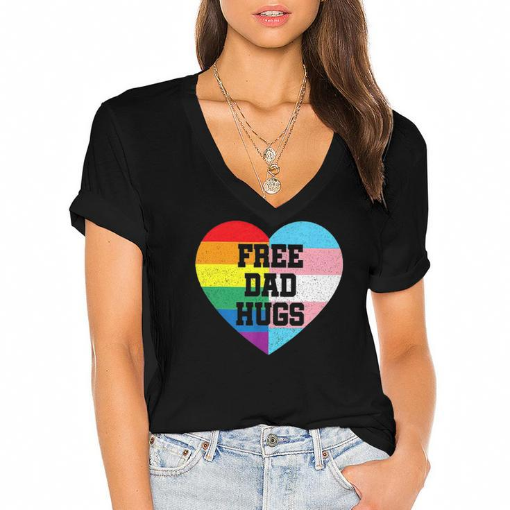 Free Dad Hugs Lgbt Pride Supporter Rainbow Heart For Father Women's Jersey Short Sleeve Deep V-Neck Tshirt