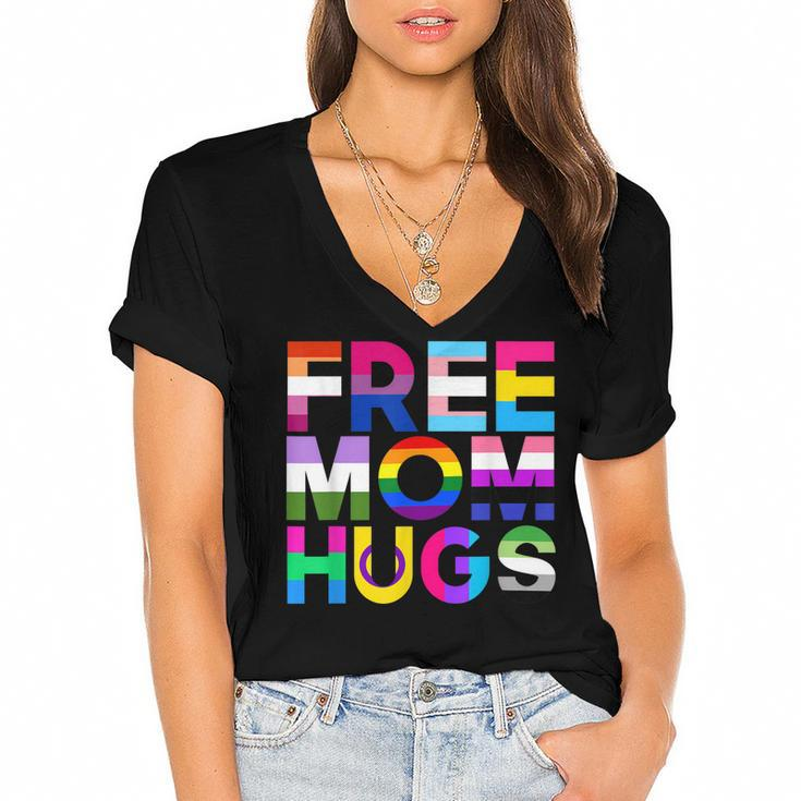 Free Mom Hugs  Rainbow Lgbtq Lgbt Pride Month  Women's Jersey Short Sleeve Deep V-Neck Tshirt