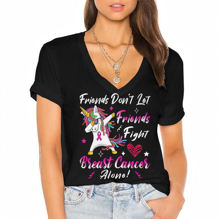 Friends Dont Let Friends Fight Breast Cancer Alone  Pink Ribbon Unicorn  Breast Cancer Support  Breast Cancer Awareness Women's Jersey Short Sleeve Deep V-Neck Tshirt