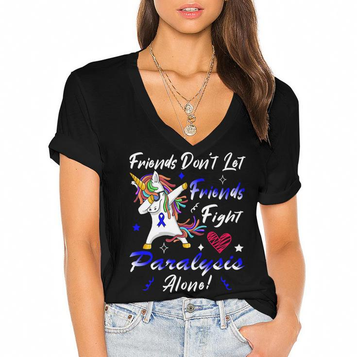Friends Dont Let Friends Fight Paralysis Alone  Unicorn Blue Ribbon  Paralysis  Paralysis Awareness Women's Jersey Short Sleeve Deep V-Neck Tshirt