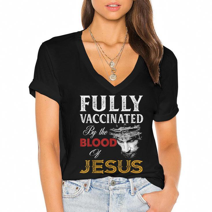 Fully Vaccinated By The Blood Of Jesus Christian Jesus Faith  Women's Jersey Short Sleeve Deep V-Neck Tshirt