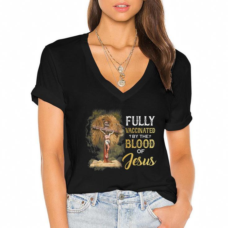 Fully Vaccinated By The Blood Of Jesus Cross Faith Christian  V2 Women's Jersey Short Sleeve Deep V-Neck Tshirt