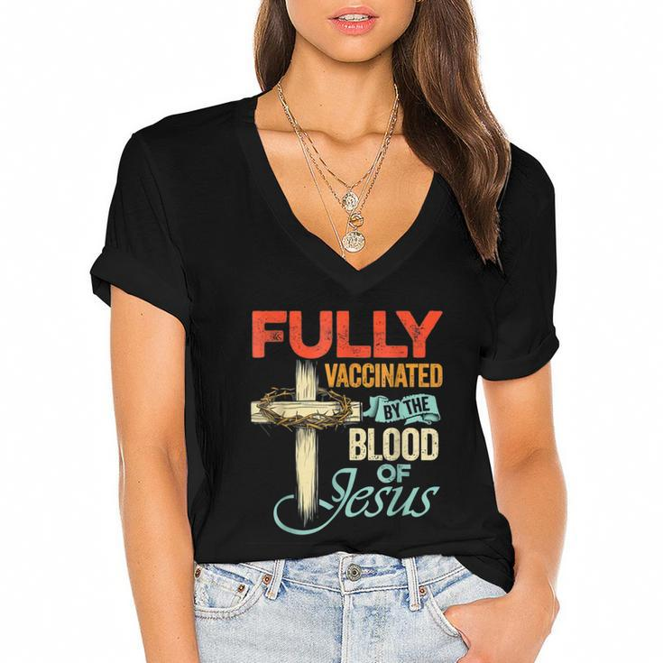Fully Vaccinated By The Blood Of Jesus Faith Funny Christian  V2 Women's Jersey Short Sleeve Deep V-Neck Tshirt