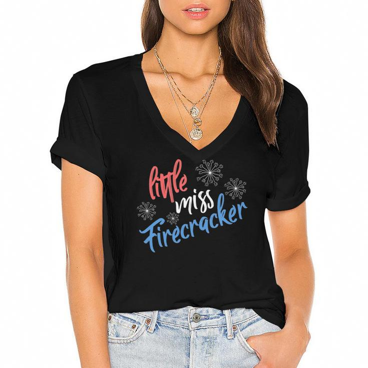 Funny 4Th Of July Usa Little Miss Firecracker Fireworks Women's Jersey Short Sleeve Deep V-Neck Tshirt
