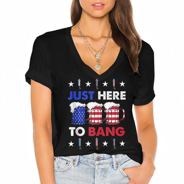 Funny Beer Us Flag  4Th Of July Im Just Here To Bang  Women's Jersey Short Sleeve Deep V-Neck Tshirt