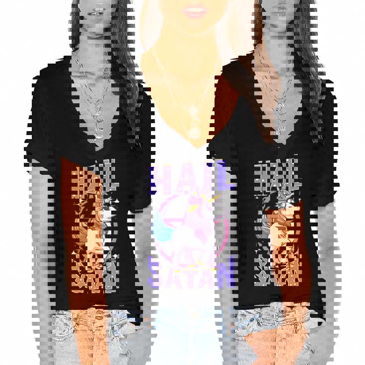 Funny Hail Satan Unicorn Rainbow Satanic Heavy Metal Pun Women's Jersey Short Sleeve Deep V-Neck Tshirt