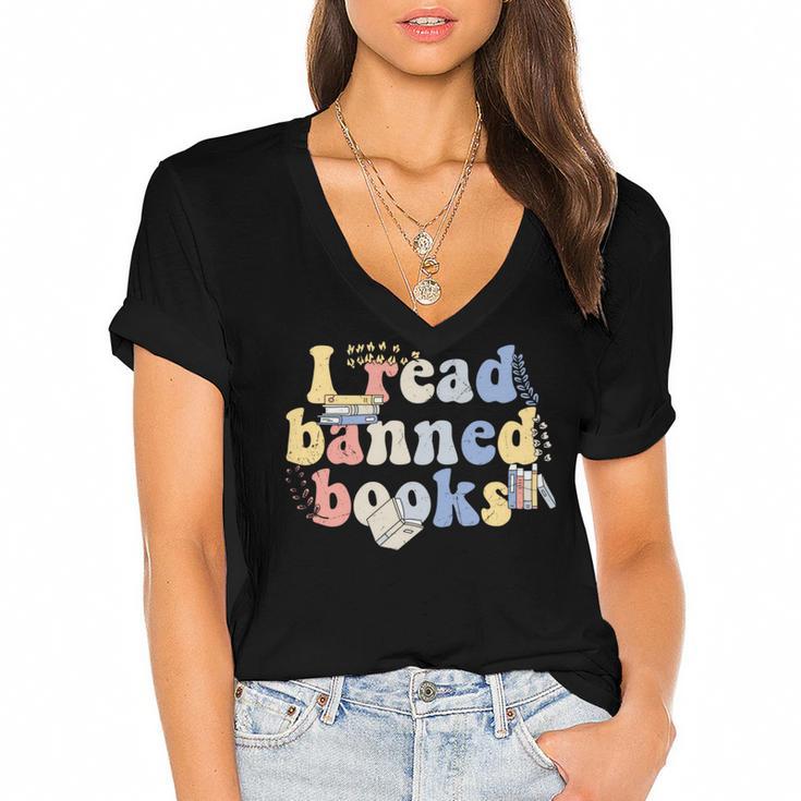 Funny  I Read Banned Books Lovers Books Women's Jersey Short Sleeve Deep V-Neck Tshirt