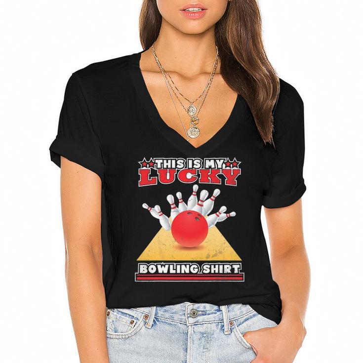 Funny Lucky Bowling Lover Graphic For Women And Men Bowler Women's Jersey Short Sleeve Deep V-Neck Tshirt