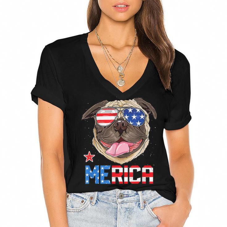 Funny Pug 4Th Of July Merica Mens Womens Kids American Flag  Women's Jersey Short Sleeve Deep V-Neck Tshirt