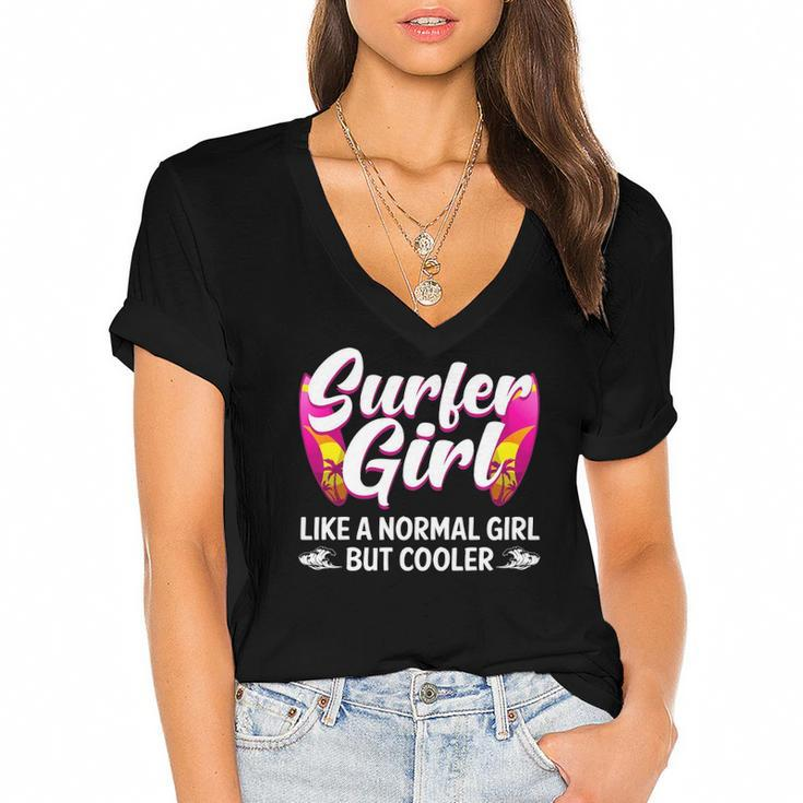 Funny Surfer Girl Design For Surfing Women Kids Surf Lovers Women's Jersey Short Sleeve Deep V-Neck Tshirt