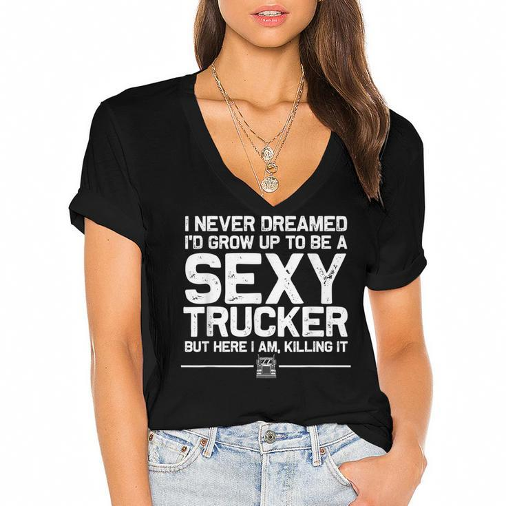 Funny Truck Driver Design For Trucker Women Trucking Lover  Women's Jersey Short Sleeve Deep V-Neck Tshirt