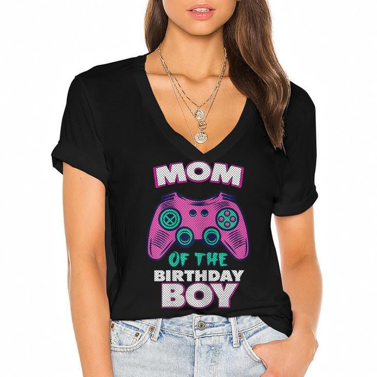Gamer Mom Of The Birthday Boy Matching Gamer  Women's Jersey Short Sleeve Deep V-Neck Tshirt