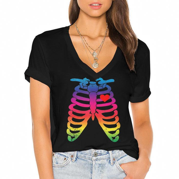 Gay Rainbow Pride Lgbt Halloween Skeleton Design  Women's Jersey Short Sleeve Deep V-Neck Tshirt