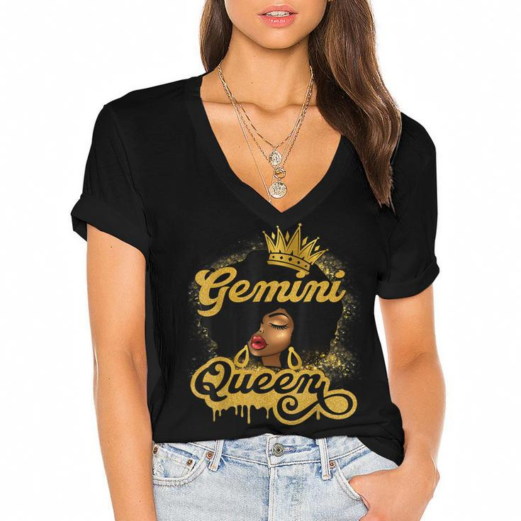 Gemini Queen Birthday Girl Afro Woman Black Queen Zodiac  Women's Jersey Short Sleeve Deep V-Neck Tshirt