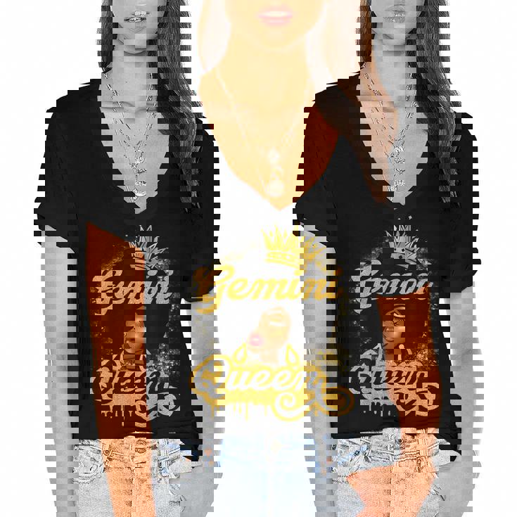 Gemini Queen Birthday Girl Afro Woman Black Queen Zodiac  Women's Jersey Short Sleeve Deep V-Neck Tshirt