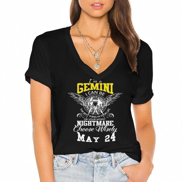 Gemini Zodiac Sign May 24 Horoscope Astrology Design Women's Jersey Short Sleeve Deep V-Neck Tshirt