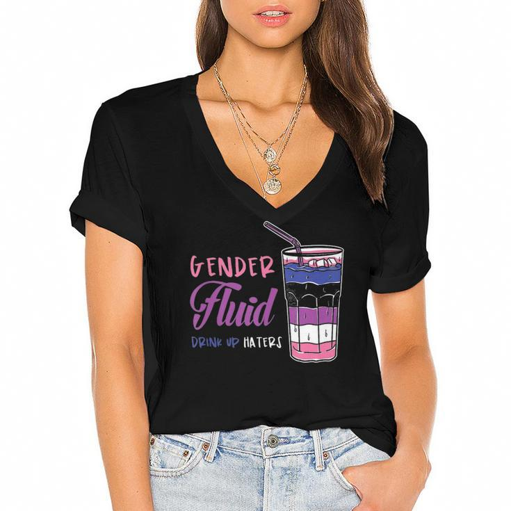 Genderfluid Drink Up Haters Genderfluid  Women's Jersey Short Sleeve Deep V-Neck Tshirt