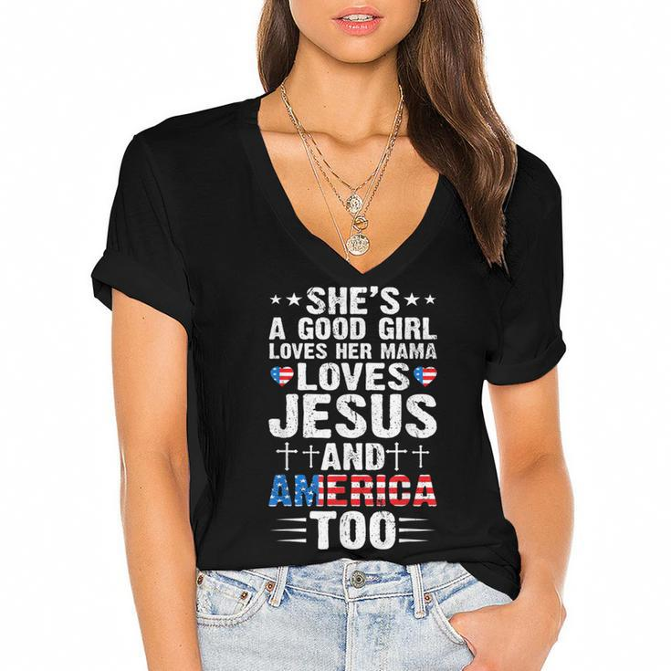Girl Who Loves Her Mama Jesus And America 4Th Of July  Women's Jersey Short Sleeve Deep V-Neck Tshirt