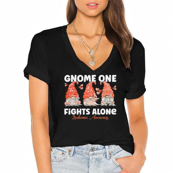 Gnome One Fights Alone Orange Leukemia Awareness Women's Jersey Short Sleeve Deep V-Neck Tshirt