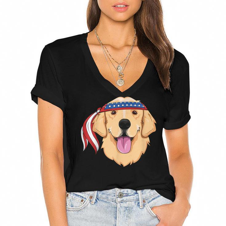 Golden Retriever 4Th Of July Family Dog Patriotic American  Women's Jersey Short Sleeve Deep V-Neck Tshirt