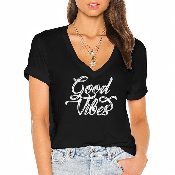 Good Vibes Retro Mens Or Womens White Lettering Women's Jersey Short Sleeve Deep V-Neck Tshirt