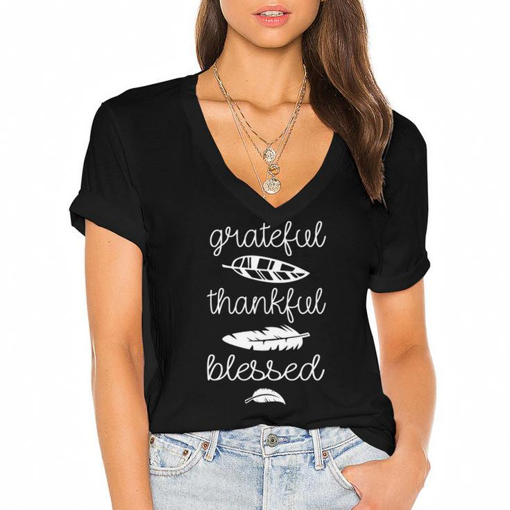 Grateful Thankful Blessed Cute Boho Feathers Thanksgiving Women's Jersey Short Sleeve Deep V-Neck Tshirt