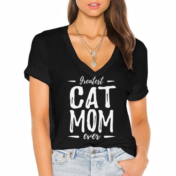 Greatest Cat Mom Funny Cat Lover Gift Idea Women's Jersey Short Sleeve Deep V-Neck Tshirt