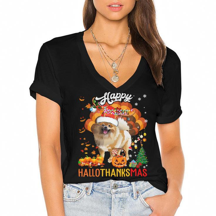 Hallothanksmas Santa Turkey Pumpkin Pomeranian Dog T-Shirt Women's Jersey Short Sleeve Deep V-Neck Tshirt
