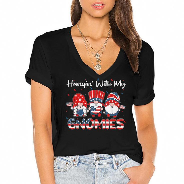Hanging With My Gnomies Cute Patriotic 4Th Of July Gnome  Women's Jersey Short Sleeve Deep V-Neck Tshirt