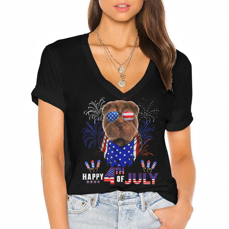 Happy 4Th Of July American Flag Shar Pei Sunglasses  Women's Jersey Short Sleeve Deep V-Neck Tshirt