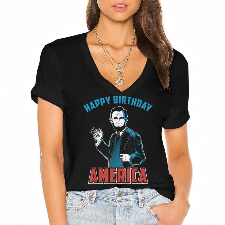 Happy Birthday America Abe Lincoln Fourth Of July  Women's Jersey Short Sleeve Deep V-Neck Tshirt