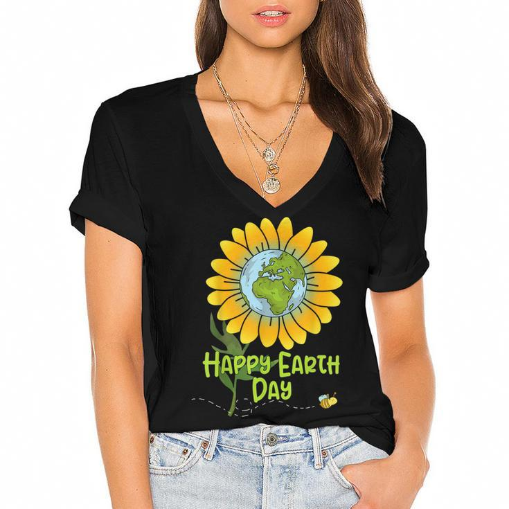 Happy Earth Day Every Day Sunflower Kids Teachers Earth Day  Women's Jersey Short Sleeve Deep V-Neck Tshirt
