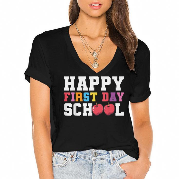 Happy First Day Of School Back To School Teachers Kids  Women's Jersey Short Sleeve Deep V-Neck Tshirt
