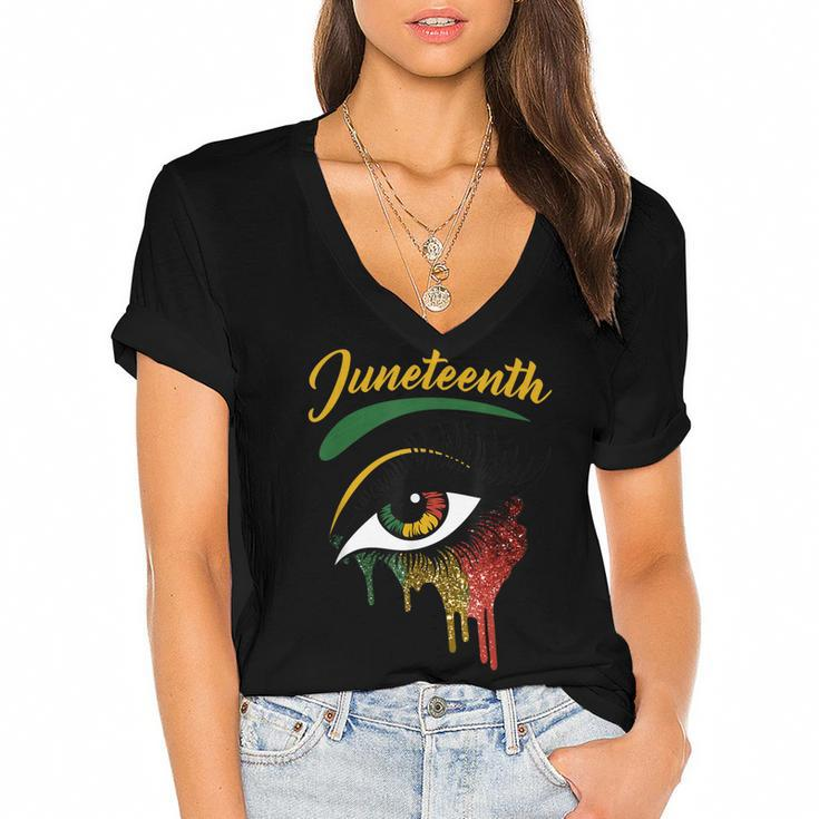 Happy Juneteenth 1865 Bright Eyes Melanin Retro Black Pride   Women's Jersey Short Sleeve Deep V-Neck Tshirt