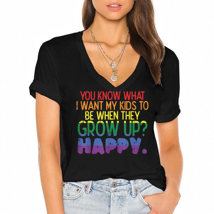 Happy Kids When Grow Up Parent Gay Pride Ally Lgbtq Month  Women's Jersey Short Sleeve Deep V-Neck Tshirt